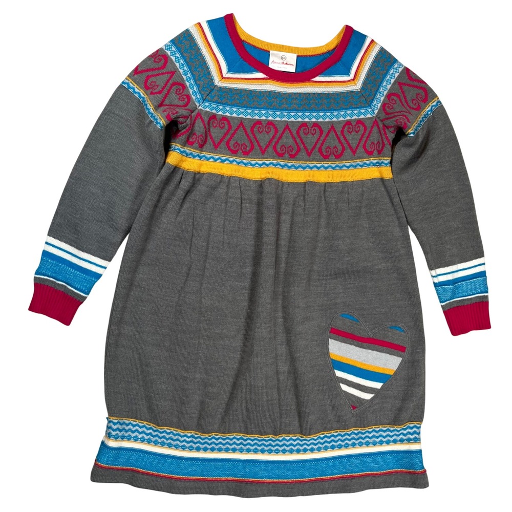 Hanna Andersson Sweater Dress Kids‎ 130 (US 8) Gray Fair Isle Heart Wool Blend